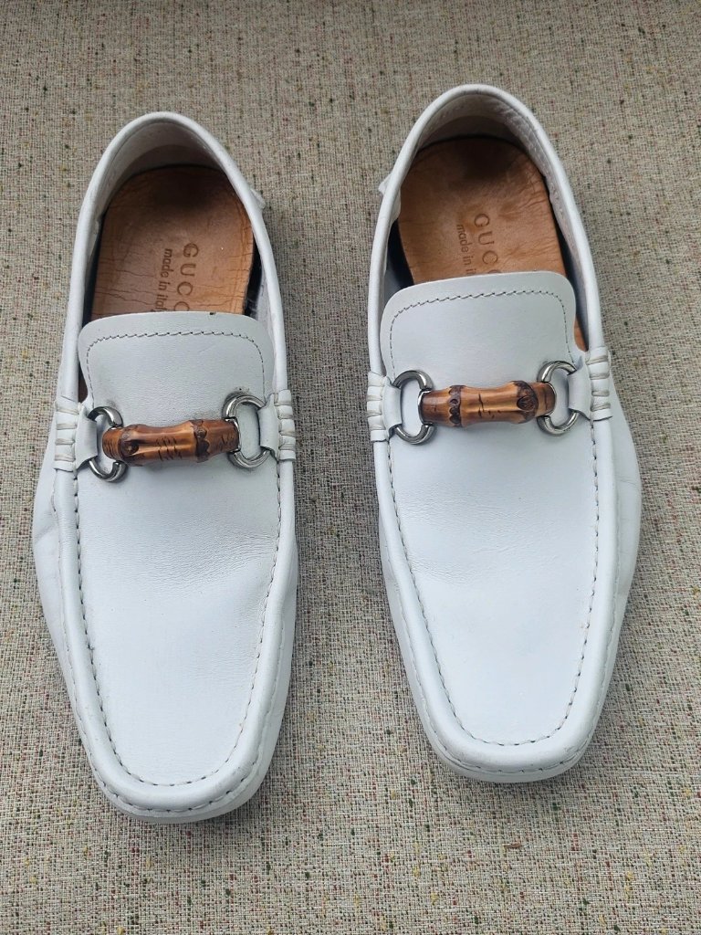 Gucci Men Loafer Shoes White Leather Slip On Driving Horsebit Size 40 Made Italy